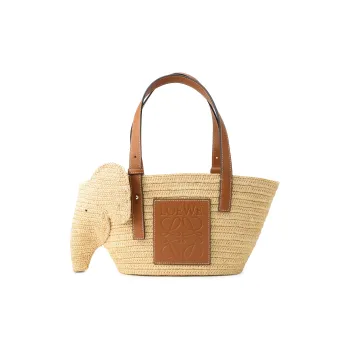 LOEWE Elephant Basket Bag In Raffia And Calfskin Small Natural/Tan