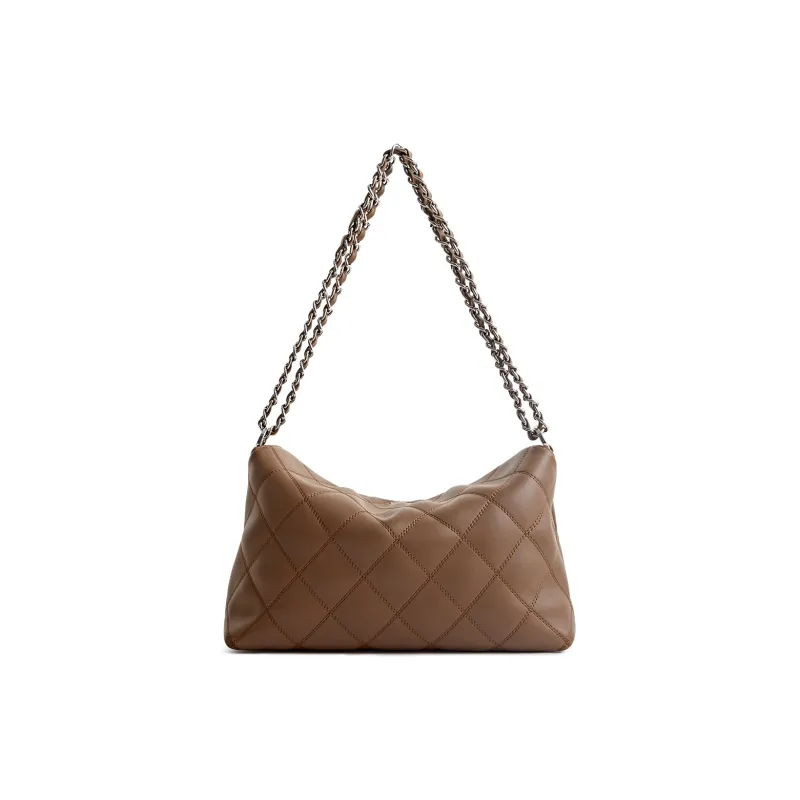 FERIA Cow Leather Diamond Pattern Soft Cushion Shoulder Bag Medium Size Women's Black/Brown-10