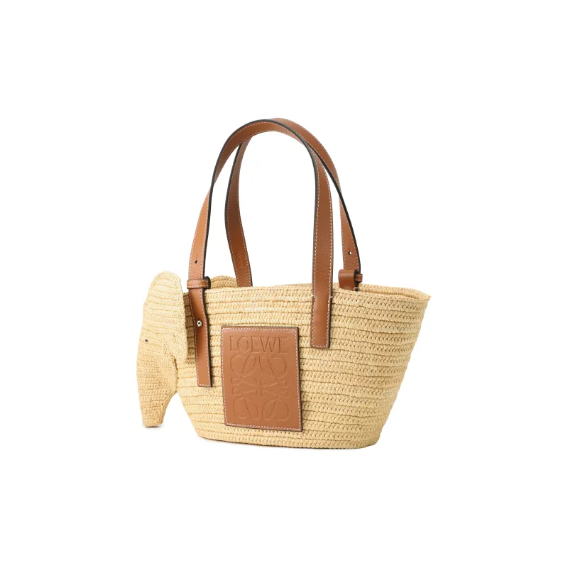 LOEWE Elephant Basket Bag In Raffia And Calfskin Small Natural/Tan-1