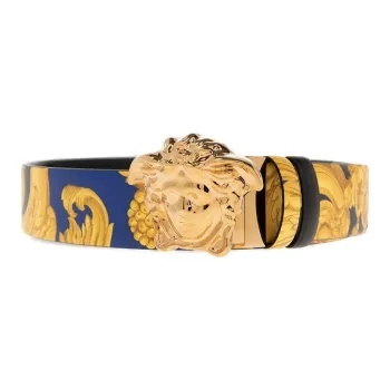 VERSACE Double-Sided Print Leather Belts Men's Yellow/Blue Width 3.5CM