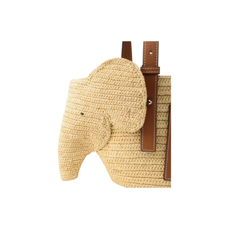 LOEWE Elephant Basket Bag In Raffia And Calfskin Small Natural/Tan-3