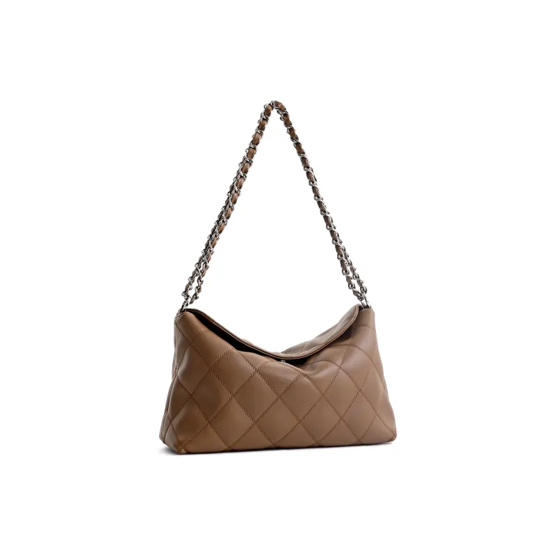 FERIA Cow Leather Diamond Pattern Soft Cushion Shoulder Bag Medium Size Women's Black/Brown-9