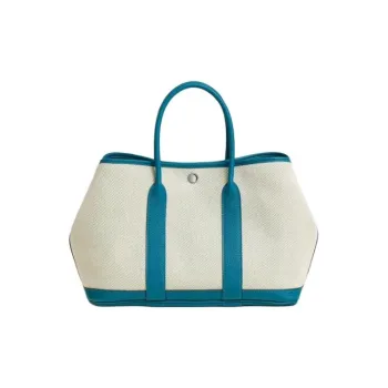 HERMES Garden Canvas With Leather Handbag Women's Blue & Beige