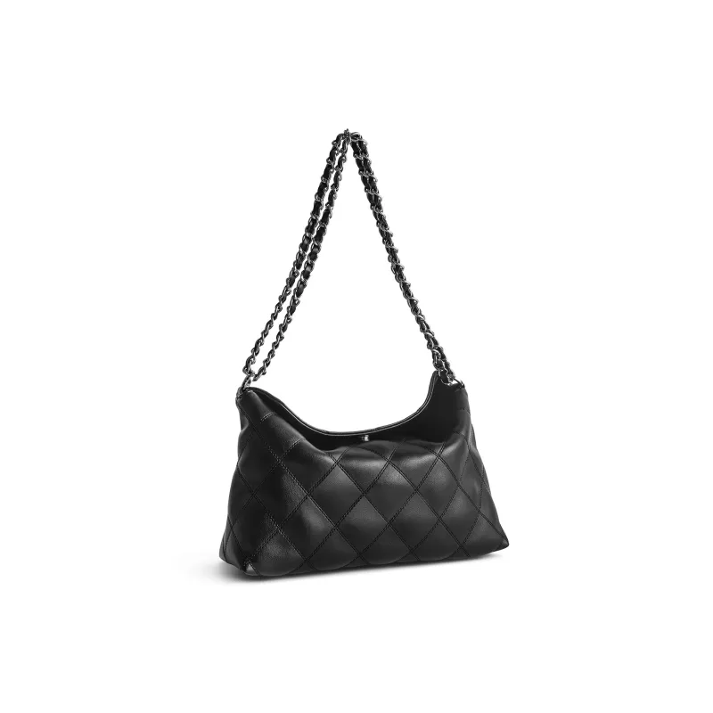 FERIA Cow Leather Diamond Pattern Soft Cushion Shoulder Bag Medium Size Women's Black/Brown-1