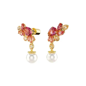 Swarovski Crystal Zircon Pearl Gold Plated Earrings Women's Red