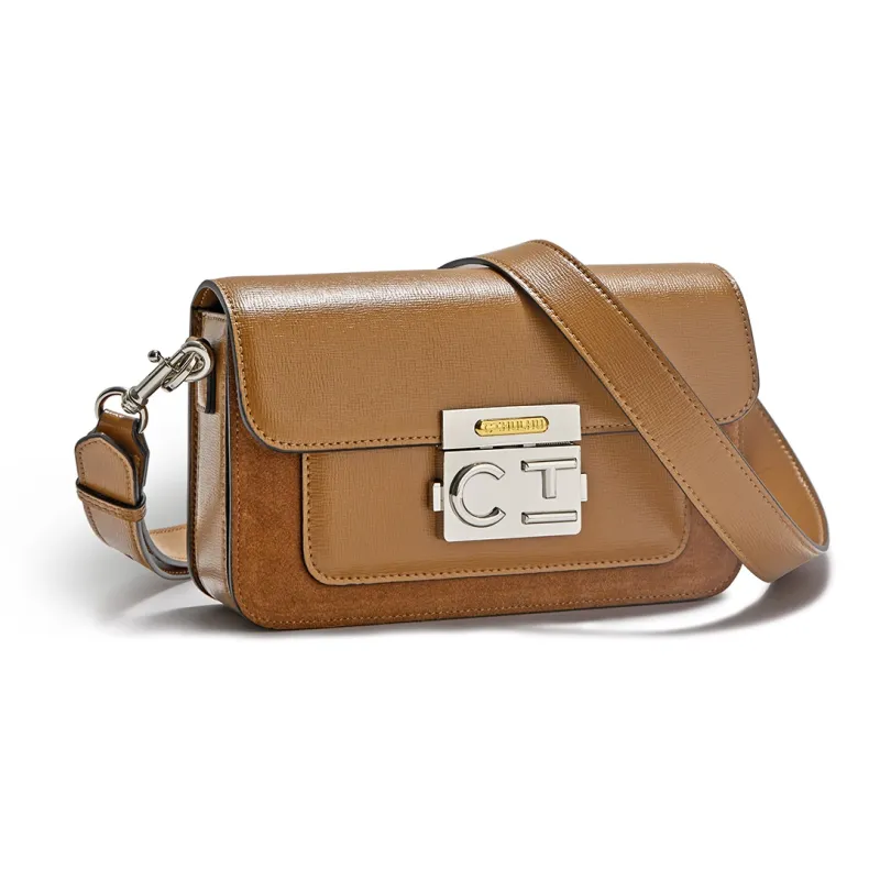 Cthulhu Cow Split Leather Korean Niche Brand Color-Block Square Candy Bag Medium Size Women's Brown/Ecru-2
