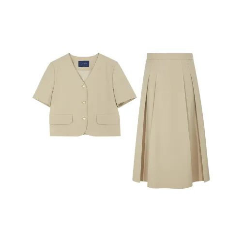 3COLOUR Casual Suits Women's Set Khaki Tops+Midi Skirt