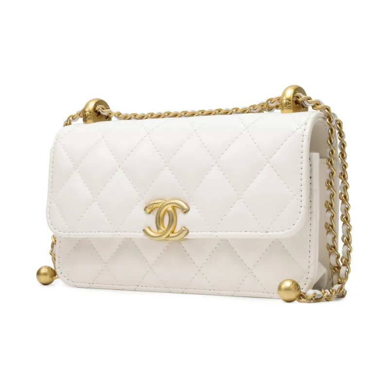 CHANEL Shiny Calfskin Flap Bag, Cell Phone Pouch, Shoulder Bag, Crossbody Bag Women's White-1