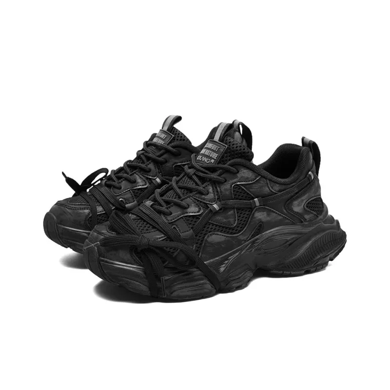 AOKANG Chunky Sneakers Women's Low Top Black Distressed/Black/Gray/Gray Distressed-10