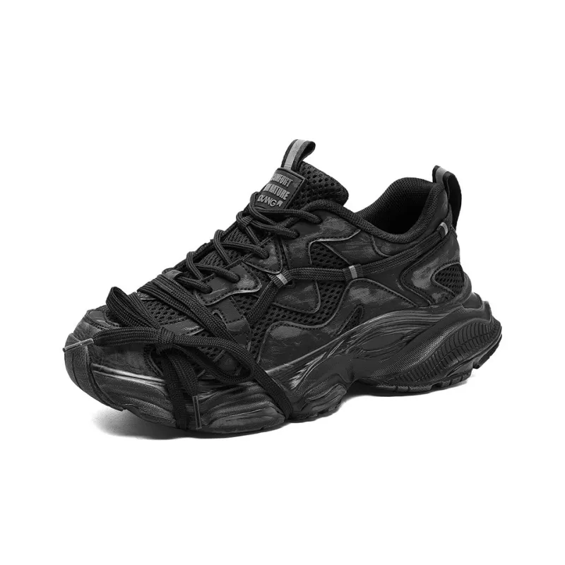 AOKANG Chunky Sneakers Women's Low Top Black Distressed/Black/Gray/Gray Distressed-9