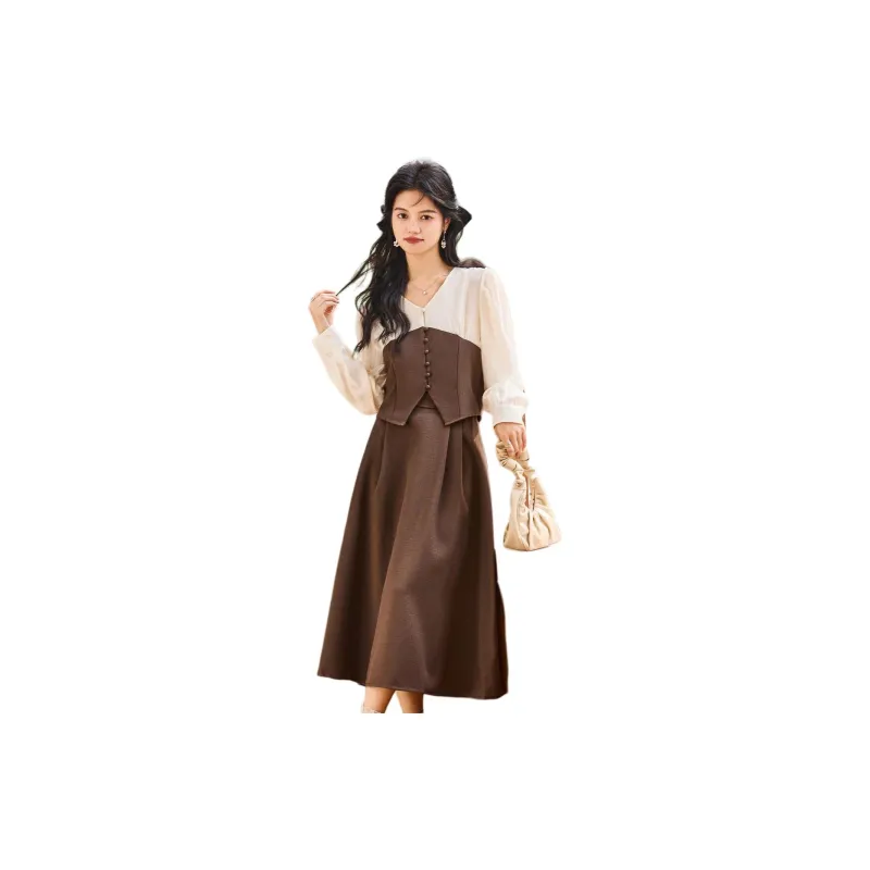 Emodues Skirt Set Women's Beige/Coffee-3