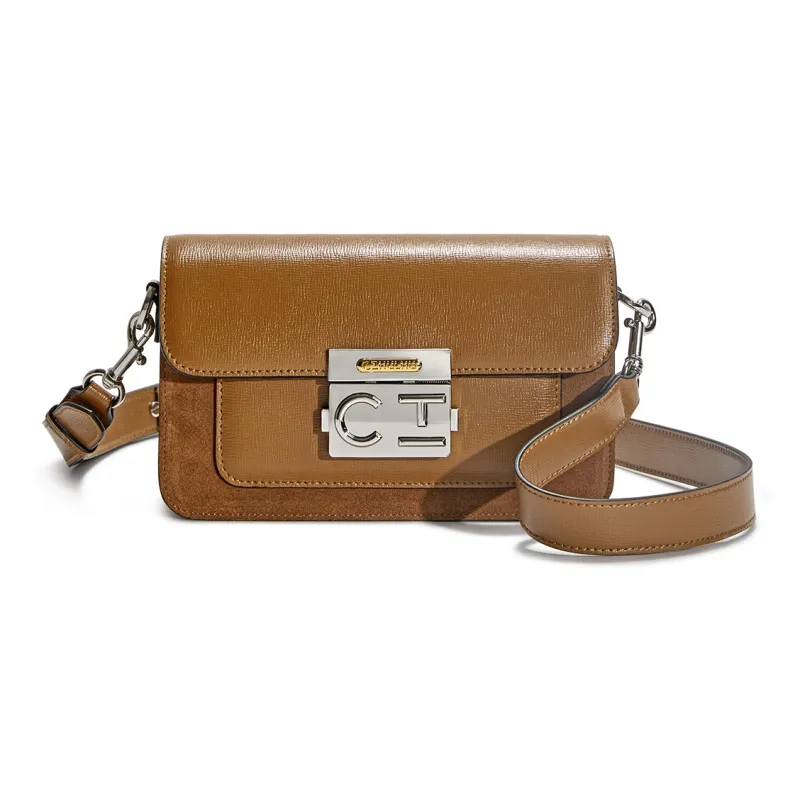 Cthulhu Cow Split Leather Korean Niche Brand Color-Block Square Candy Bag Medium Size Women's Brown/Ecru-1