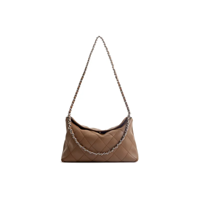 FERIA Cow Leather Diamond Pattern Soft Cushion Shoulder Bag Medium Size Women's Black/Brown-12