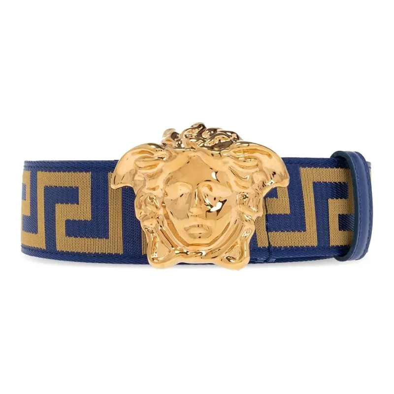 VERSACE Double-Sided Print Leather Belts Men's Yellow/Blue Width 3.5CM-1