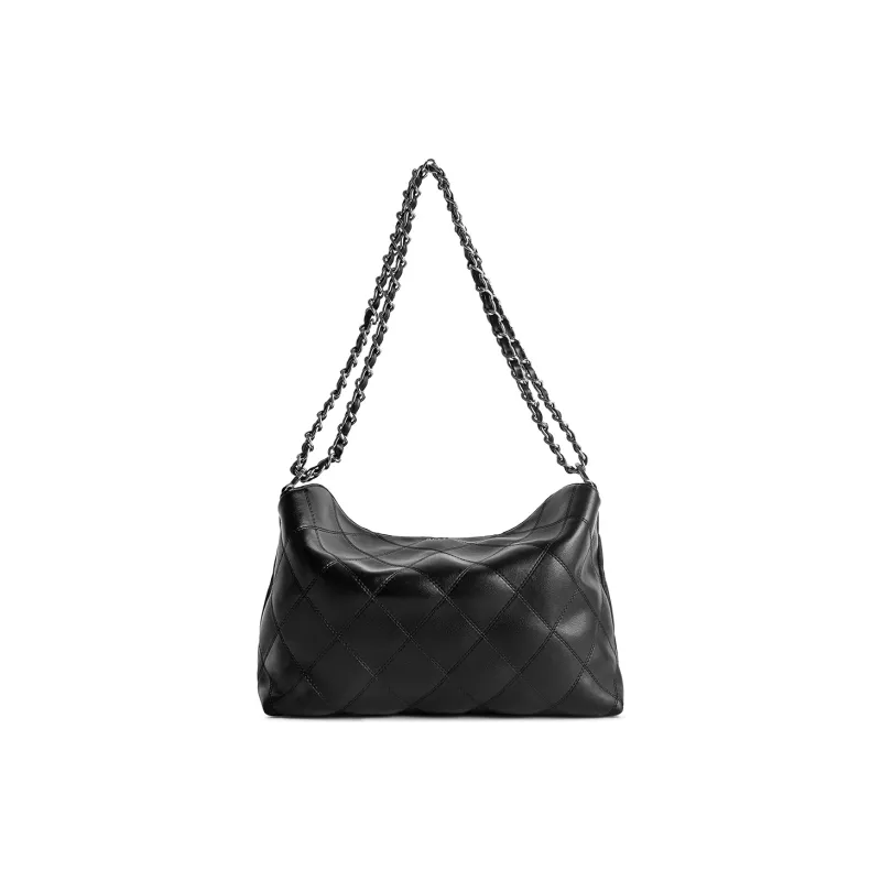 FERIA Cow Leather Diamond Pattern Soft Cushion Shoulder Bag Medium Size Women's Black/Brown-3