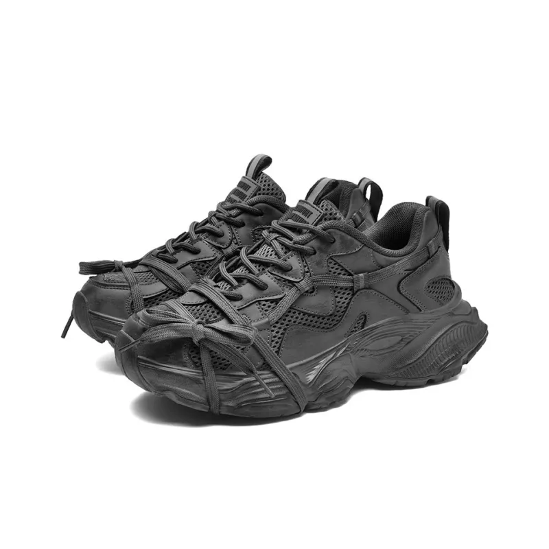 AOKANG Chunky Sneakers Women's Low Top Black Distressed/Black/Gray/Gray Distressed-24