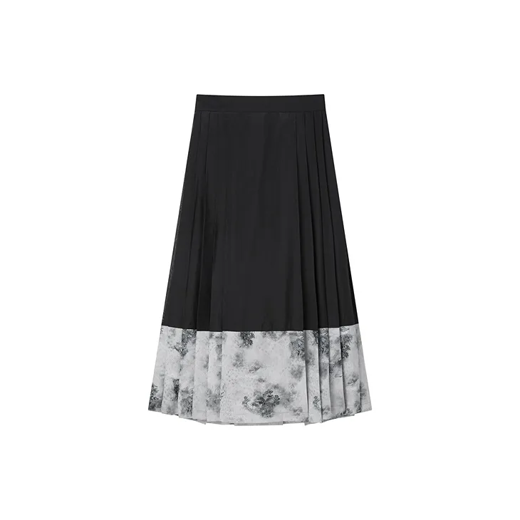 PEACEBIRD x Daria Song Casual Long Skirt Women's Gray Pattern-1