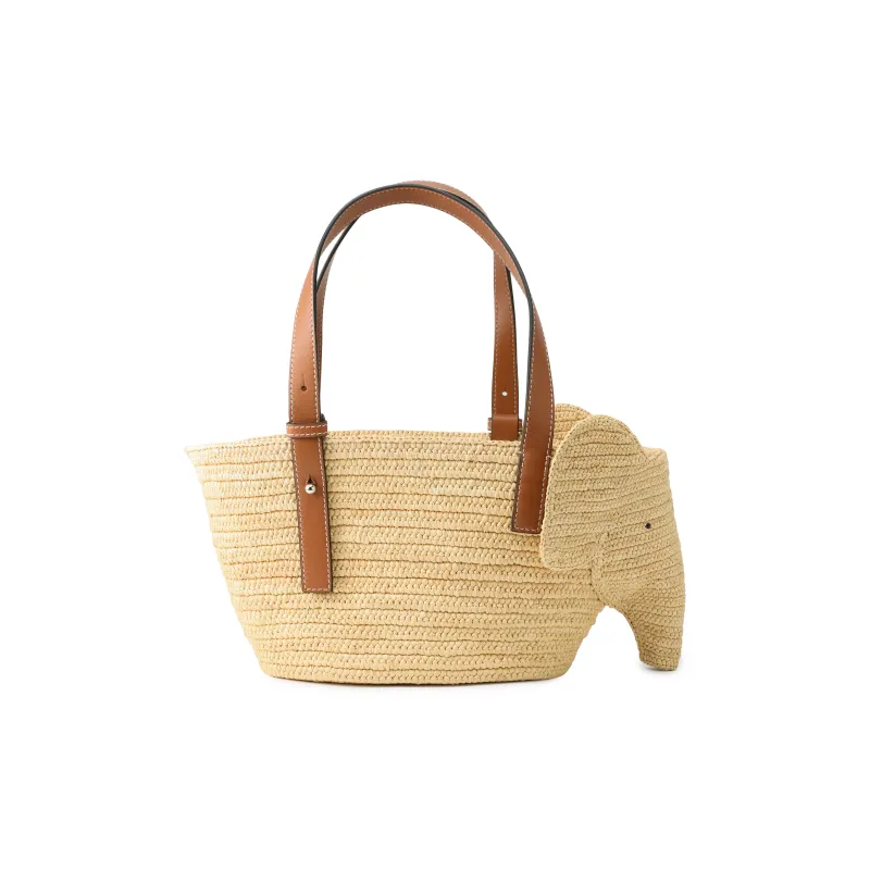 LOEWE Elephant Basket Bag In Raffia And Calfskin Small Natural/Tan-2