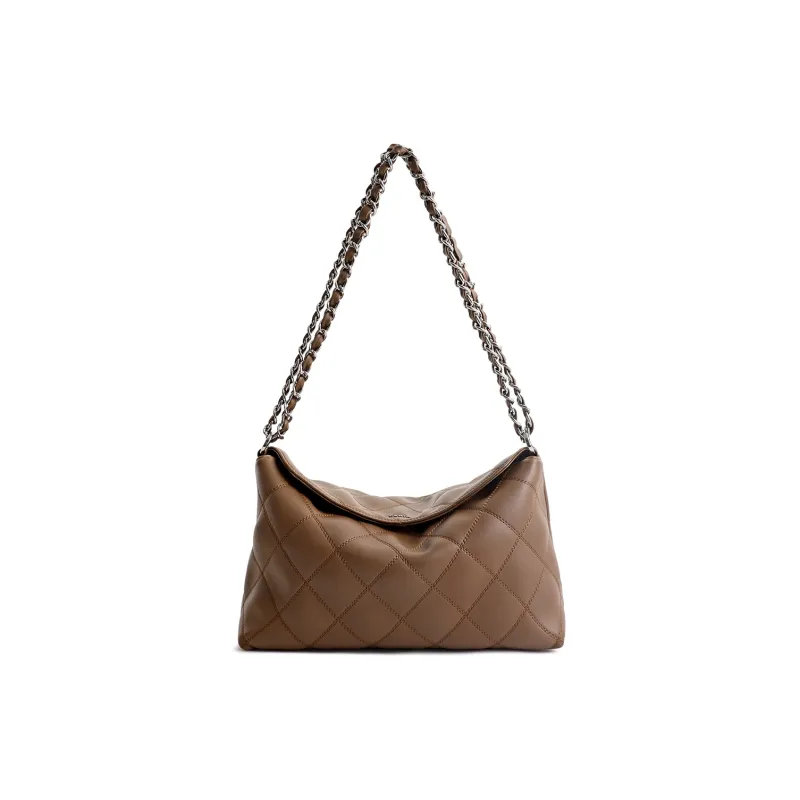 FERIA Cow Leather Diamond Pattern Soft Cushion Shoulder Bag Medium Size Women's Black/Brown-11