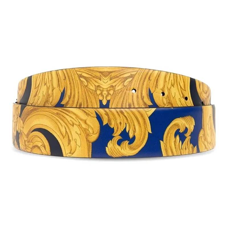 VERSACE Double-Sided Print Leather Belts Men's Yellow/Blue Width 3.5CM-2