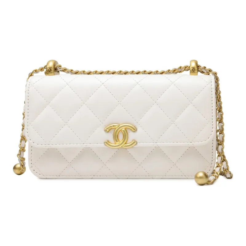 CHANEL Shiny Calfskin Flap Bag, Cell Phone Pouch, Shoulder Bag, Crossbody Bag Women's White-0