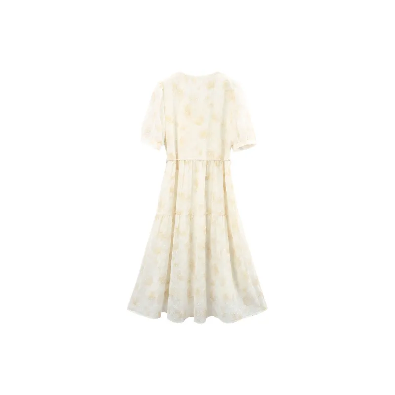 A Paradise For Awakening Short Sleeved Dress Women's Beige With Yellow Floral-1
