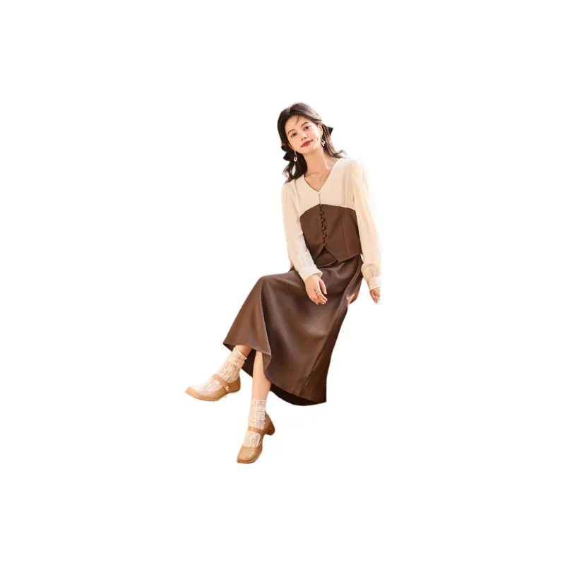 Emodues Skirt Set Women's Beige/Coffee-1
