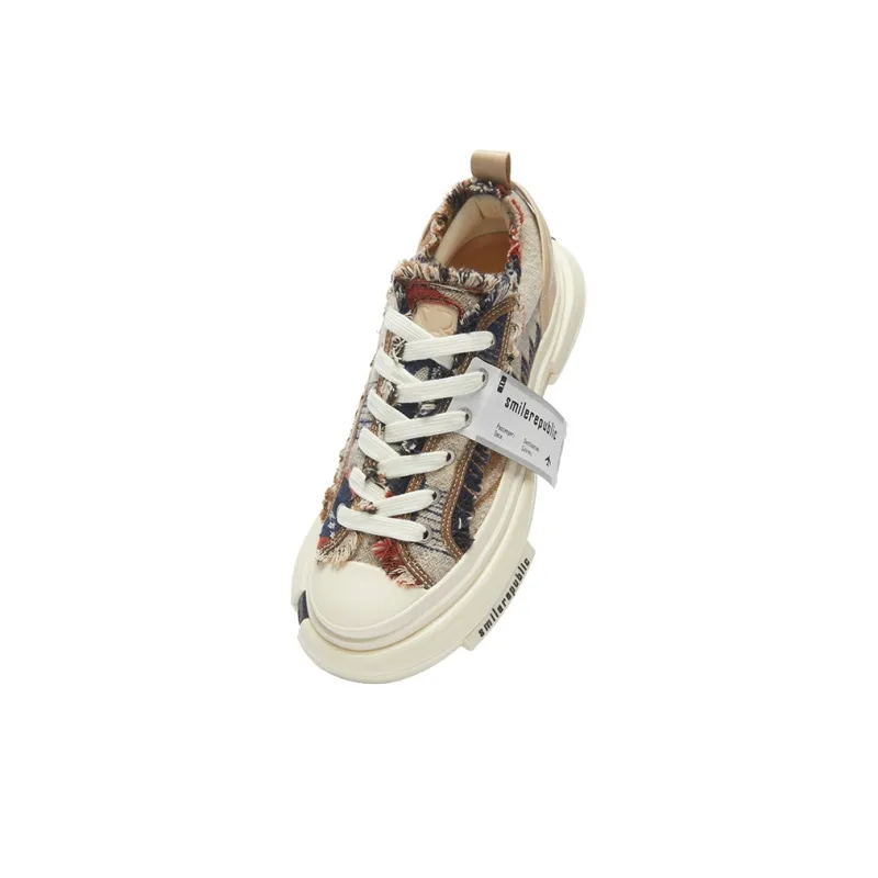 SMILEREPUBLIC INCEPTION 70s Multicolor Wool Ethnic Fabric Height Increasing Low Top Canvas Shoes Unisex Multicolor-3