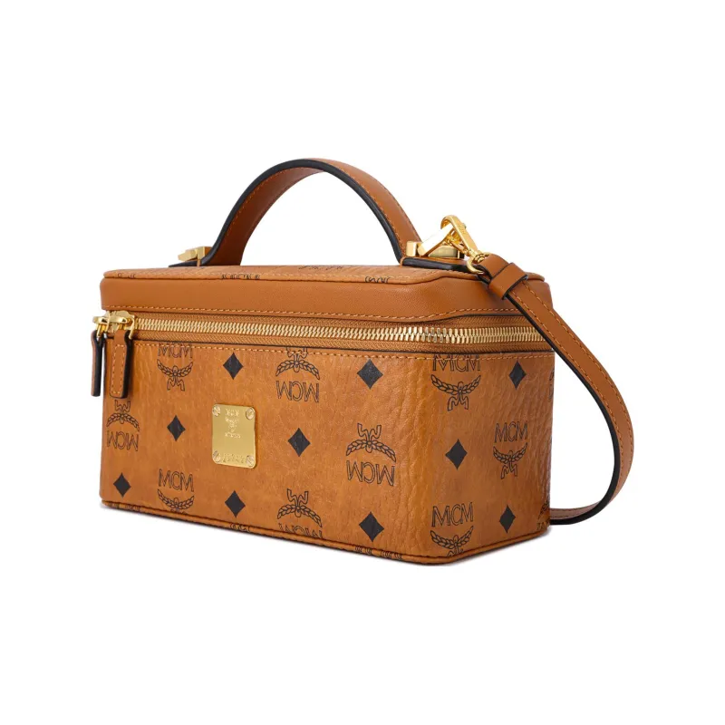 MCM Leather One Shoulder Crossbody Portable Makeup Bag Women's Brown Cognac-1