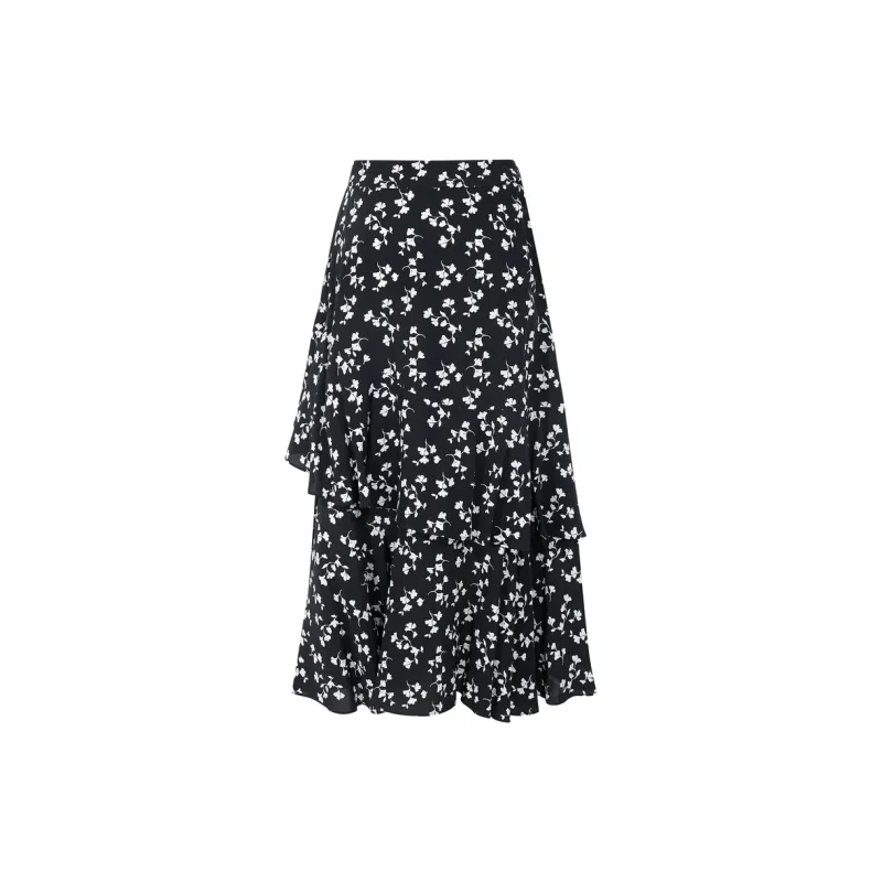 3COLOUR Casual Long Skirts Women's Black White Floral-1