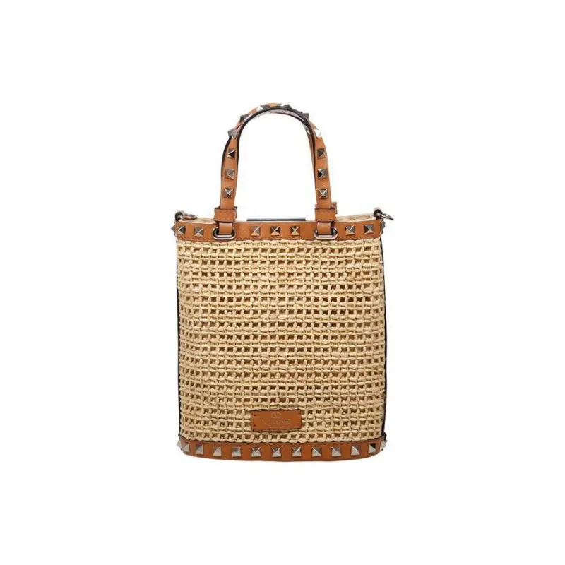 Valentino GARAVANI ROCKSTUD Calfskin Patchwork With Polyamide Handbag Shoulder Bag Crossbody Bag Mini Beige-2