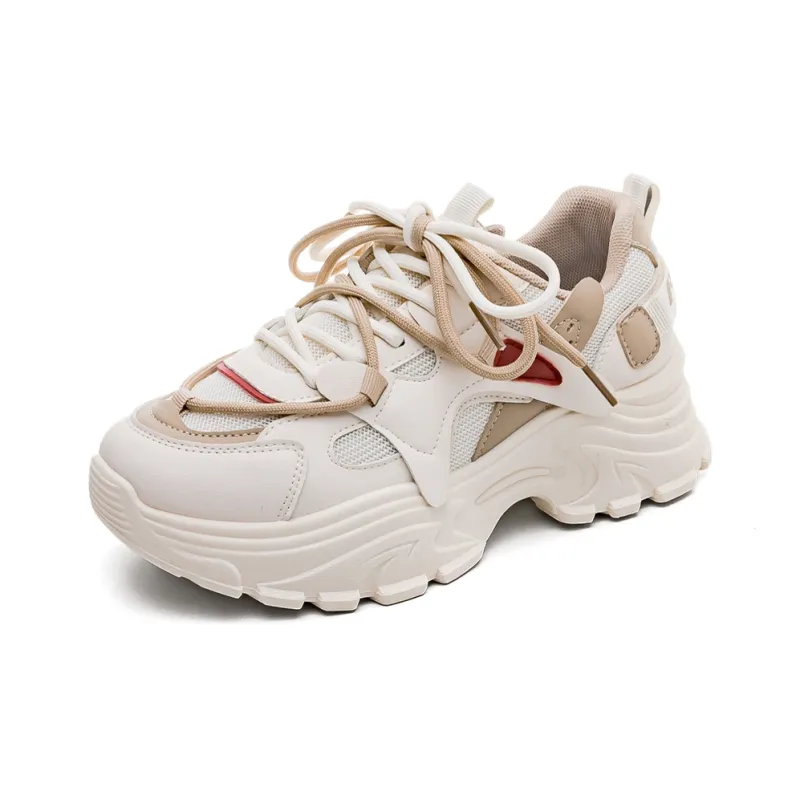 RENBEN Abrasion Resistant Breathable Low Top Chunky Sneakers Women's Beige Coffee-2