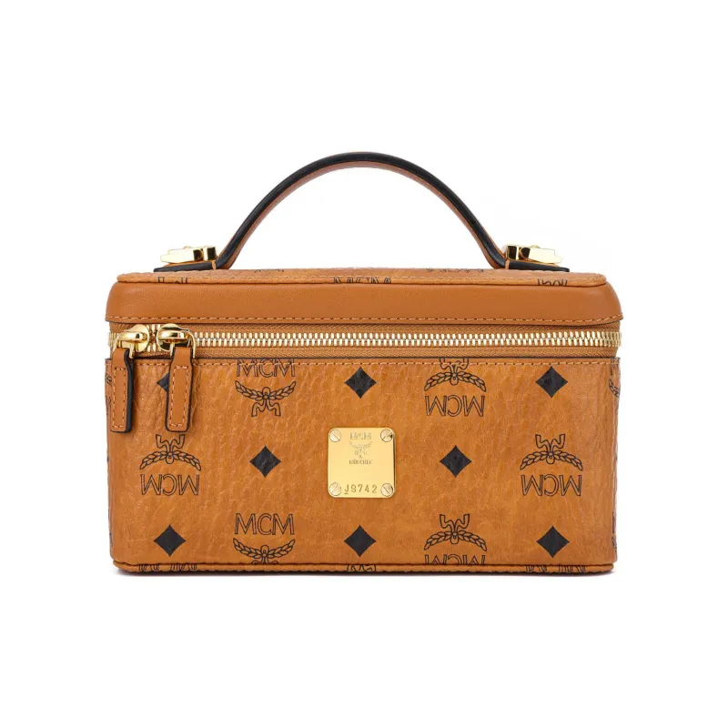 MCM Leather One Shoulder Crossbody Portable Makeup Bag Women's Brown Cognac-0