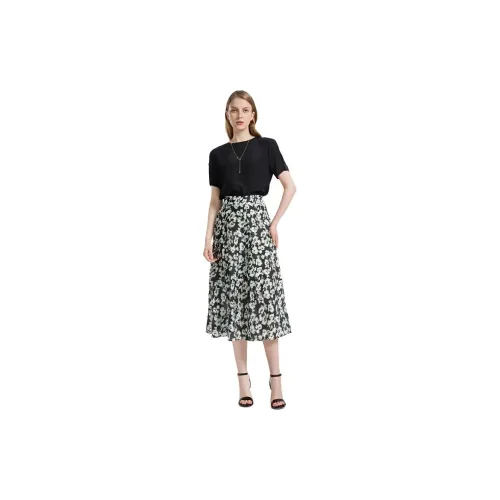 NINI WEST Casual Long Skirts Women's Black Background With Green Flowers