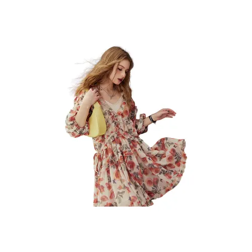 ELF SACK Long-Sleeved Dresses Women's Rose Floral Red