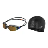 Gold Swim Goggles+Black Bubbles Cap