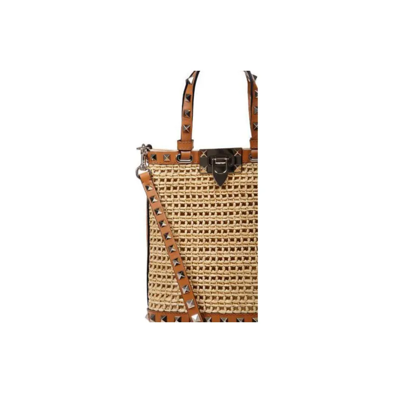 Valentino GARAVANI ROCKSTUD Calfskin Patchwork With Polyamide Handbag Shoulder Bag Crossbody Bag Mini Beige-3