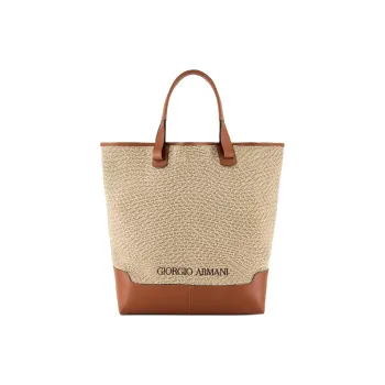 GIORGIO ARMANI Linen With Leather Tote Bag Shopping Bag Crossbody One Shoulder Handbags Men's Light Brown