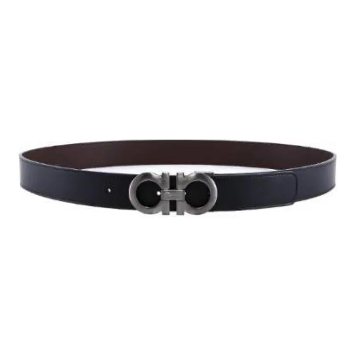 FERRAGAMO Logo Decoration, Smooth Buckle Calfskin Leather Belts Men's Black-1