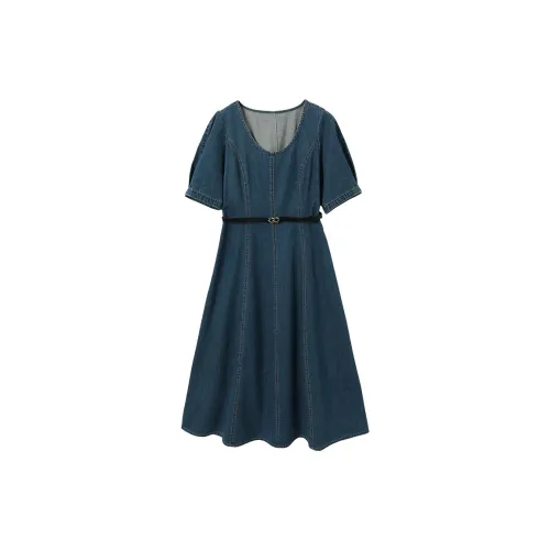 XIANGYING Short-Sleeved Dresses Women's Denim Blue