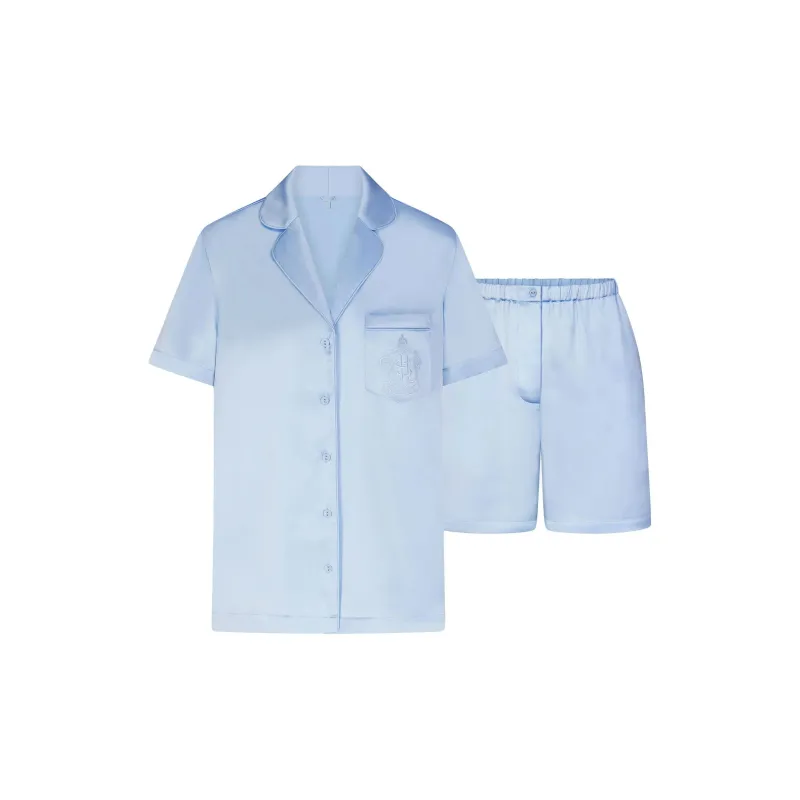 SKIMS HOTEL SHINE SHORT SLEEVE BUTTON UP SLEEP SET Pajama Set Women's Celeste/Sky Blue-0