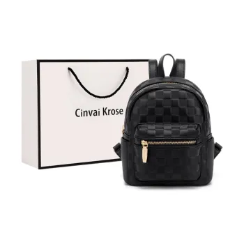 CinvaiKrose Cow Leather Patchwork Synthetic Leather Travel Backpack Medium Size Women's Black/Ecru