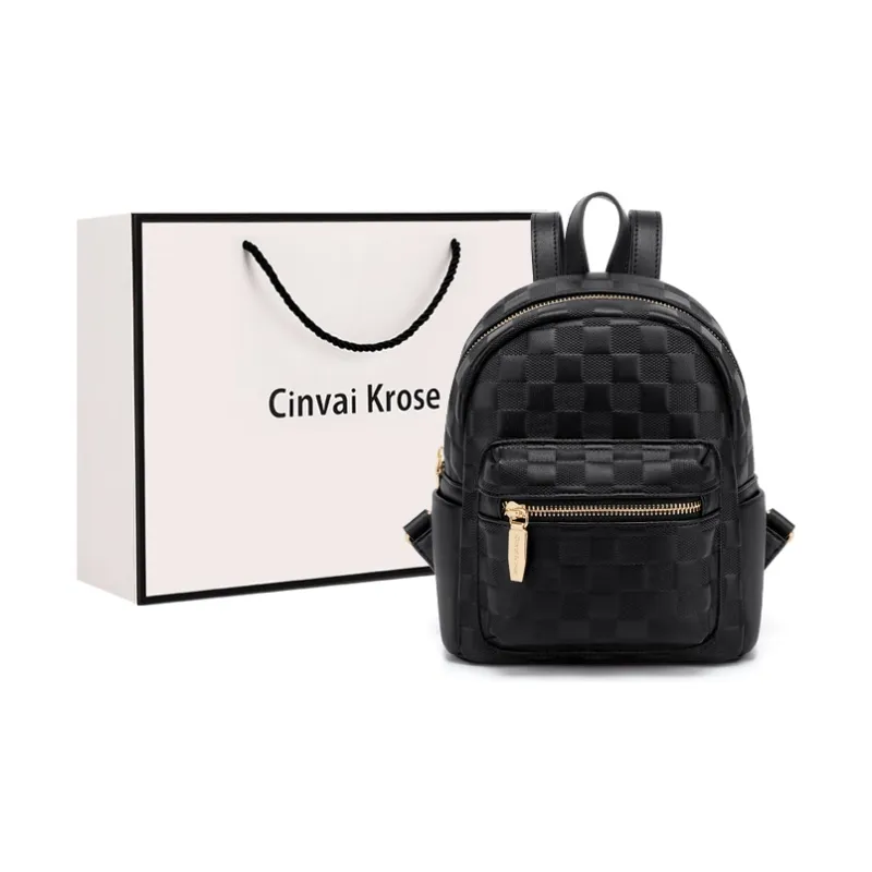CinvaiKrose Cow Leather Patchwork Synthetic Leather Travel Backpack Medium Size Women's Black/Ecru-0
