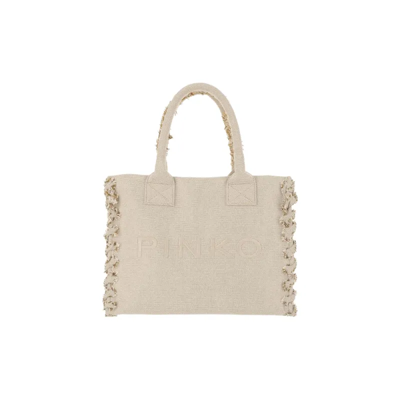 PINKO Cotton Tote Bag, Shopping Bag, Shoulder Bag, Handbag Women's Beige-0