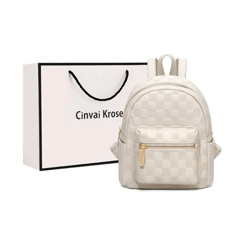 CinvaiKrose Cow Leather Patchwork Synthetic Leather Travel Backpack Medium Size Women's Black/Ecru-7