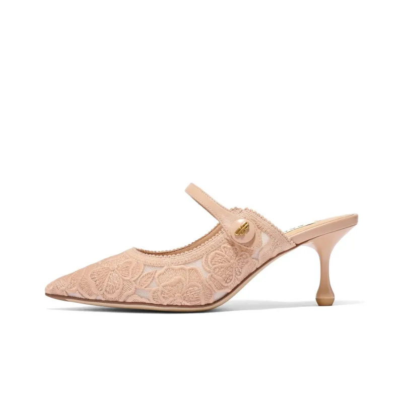 BELLE Rubber Sole Embroidery Slip Resistant Closed Toe Slippers Women's Apricot, Beige-0