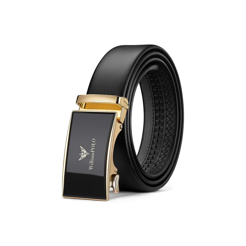 WilliamPOLO Top Grain Cow Leather Leather Belts Men's Gold 3.5cm Width-0