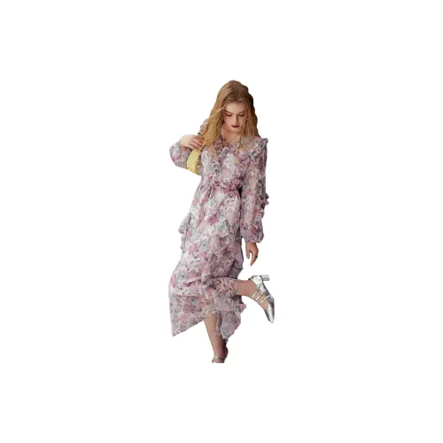 ELF SACK Long-Sleeved Dresses Women's Floral Pattern Gray Pink