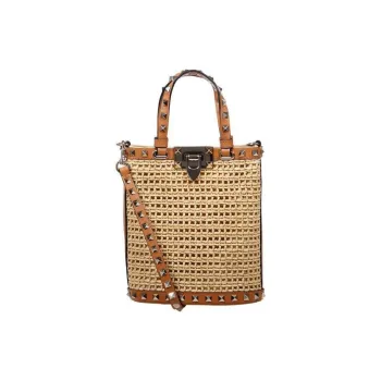 Valentino GARAVANI ROCKSTUD Calfskin Patchwork With Polyamide Handbag Shoulder Bag Crossbody Bag Mini Beige