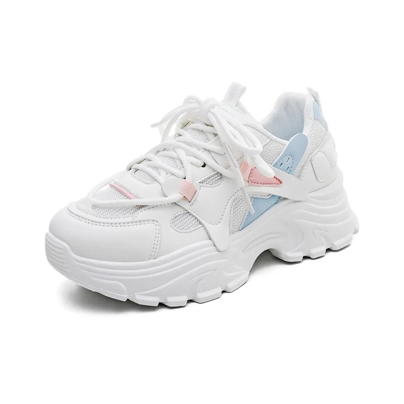 RENBEN Abrasion Resistant Breathable Height Increasing Low Top Chunky Sneakers Women's White Blue-2